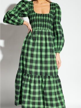 ganni green gingham dress Seersucker Check Gathered U-Neck Midi Dress in Lagoon main image 1